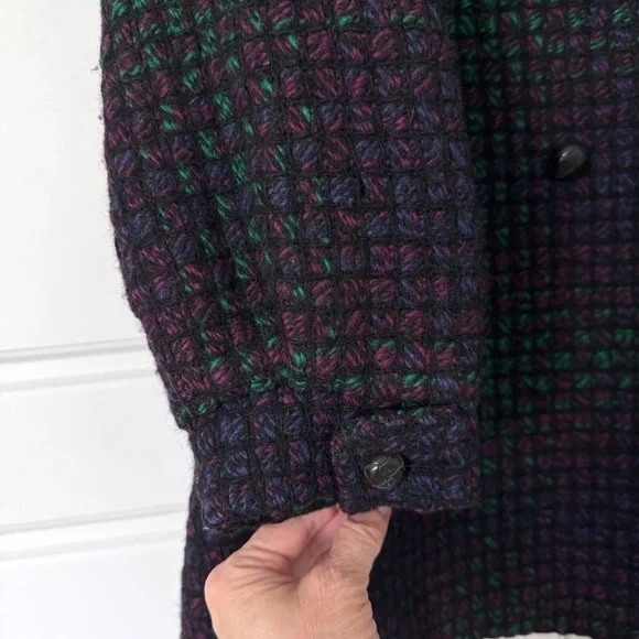 Vintage Tweed Peacoat Womens 10 Purple Green Wool 90s Classic Double Breasted - Picture 10 of 15